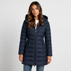 Navy Blue Women's Hooded Puffer Jacket with Zip Front & Side Pockets — Eilidh