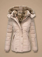 Beige Women's Faux Fur Puffer Coat with Hooded Quilted Design & Fitted Waist — Fern