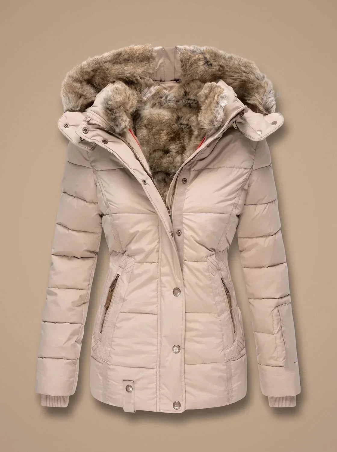 Beige Women's Faux Fur Puffer Coat with Hooded Quilted Design & Fitted Waist — Fern