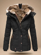 Black Women's Faux Fur Puffer Coat with Hooded Quilted Design & Fitted Waist — Fern