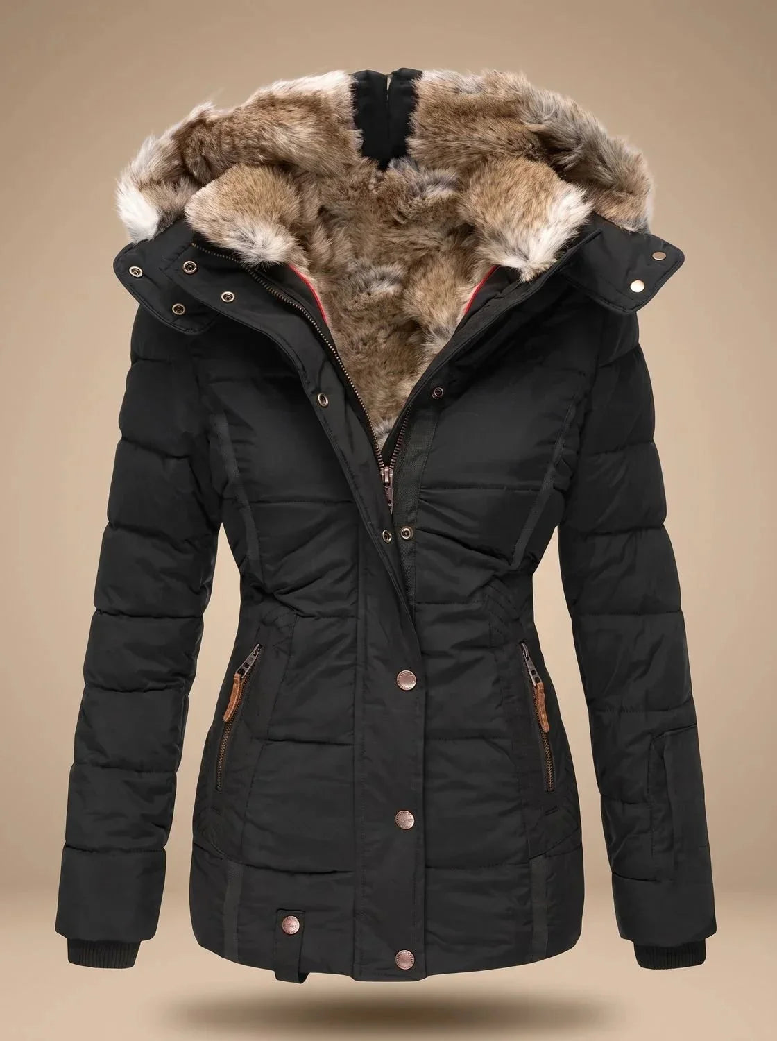 Black Women's Faux Fur Puffer Coat with Hooded Quilted Design & Fitted Waist — Fern