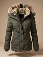 Green Women's Faux Fur Puffer Coat with Hooded Quilted Design & Fitted Waist — Fern