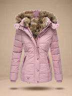 Pink Women's Faux Fur Puffer Coat with Hooded Quilted Design & Fitted Waist — Fern