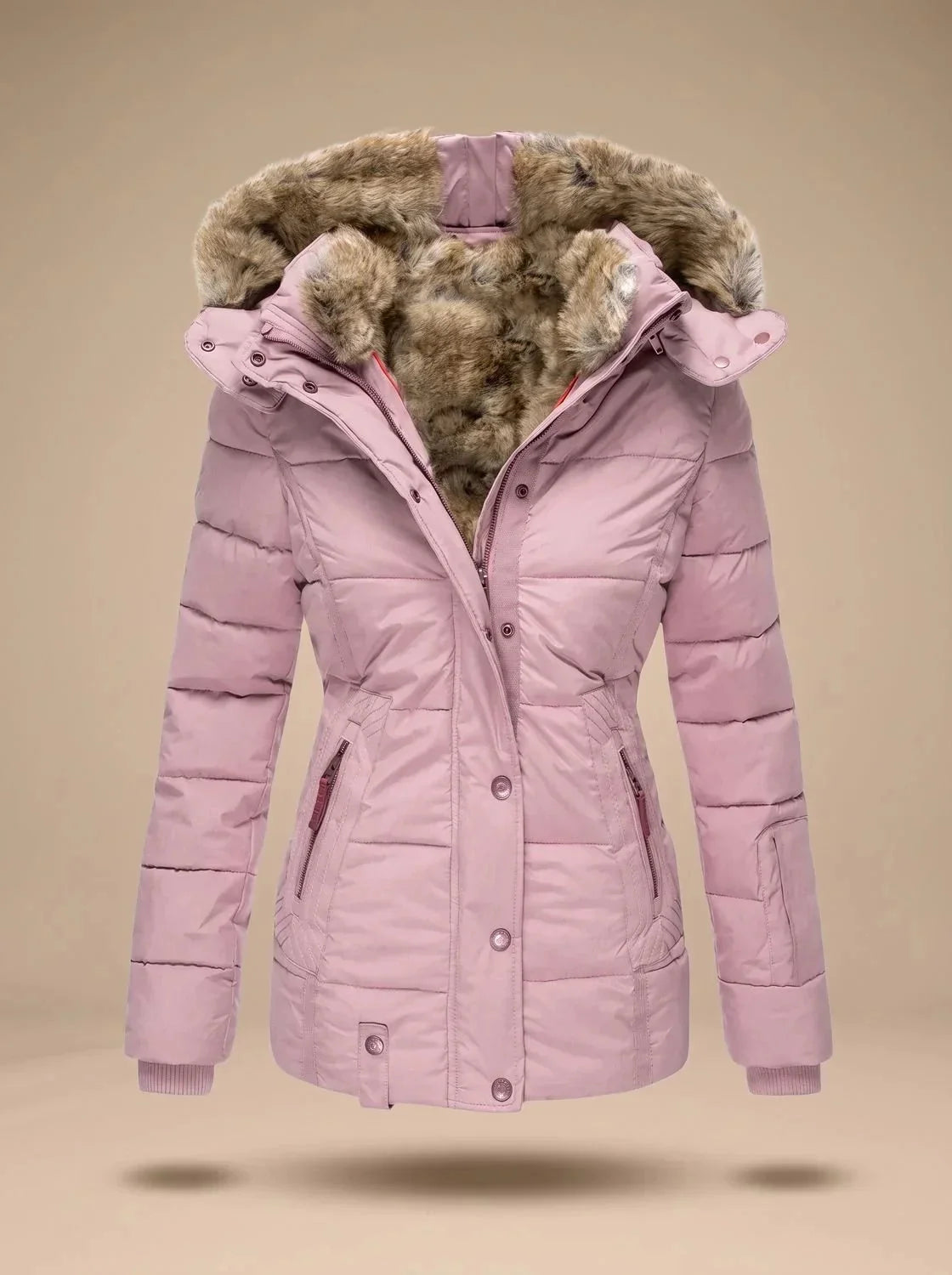 Pink Women's Faux Fur Puffer Coat with Hooded Quilted Design & Fitted Waist — Fern