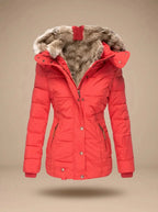 Red Women's Faux Fur Puffer Coat with Hooded Quilted Design & Fitted Waist — Fern