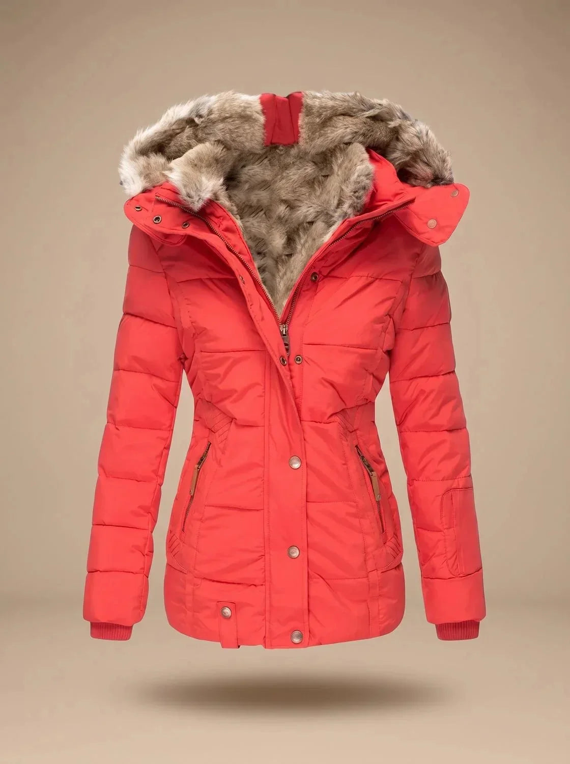 Red Women's Faux Fur Puffer Coat with Hooded Quilted Design & Fitted Waist — Fern