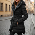 Black Women's Hooded Quilted Winter Coat with Zip Pockets & Structured Fit — Anouk