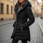 Black Women's Hooded Quilted Winter Coat with Zip Pockets & Structured Fit — Anouk