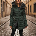 Green Women's Hooded Quilted Winter Coat with Zip Pockets & Structured Fit