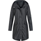 Black Women's Hooded Rain Coat — Eloise Waterproof Snap-Button Longline - Front Full