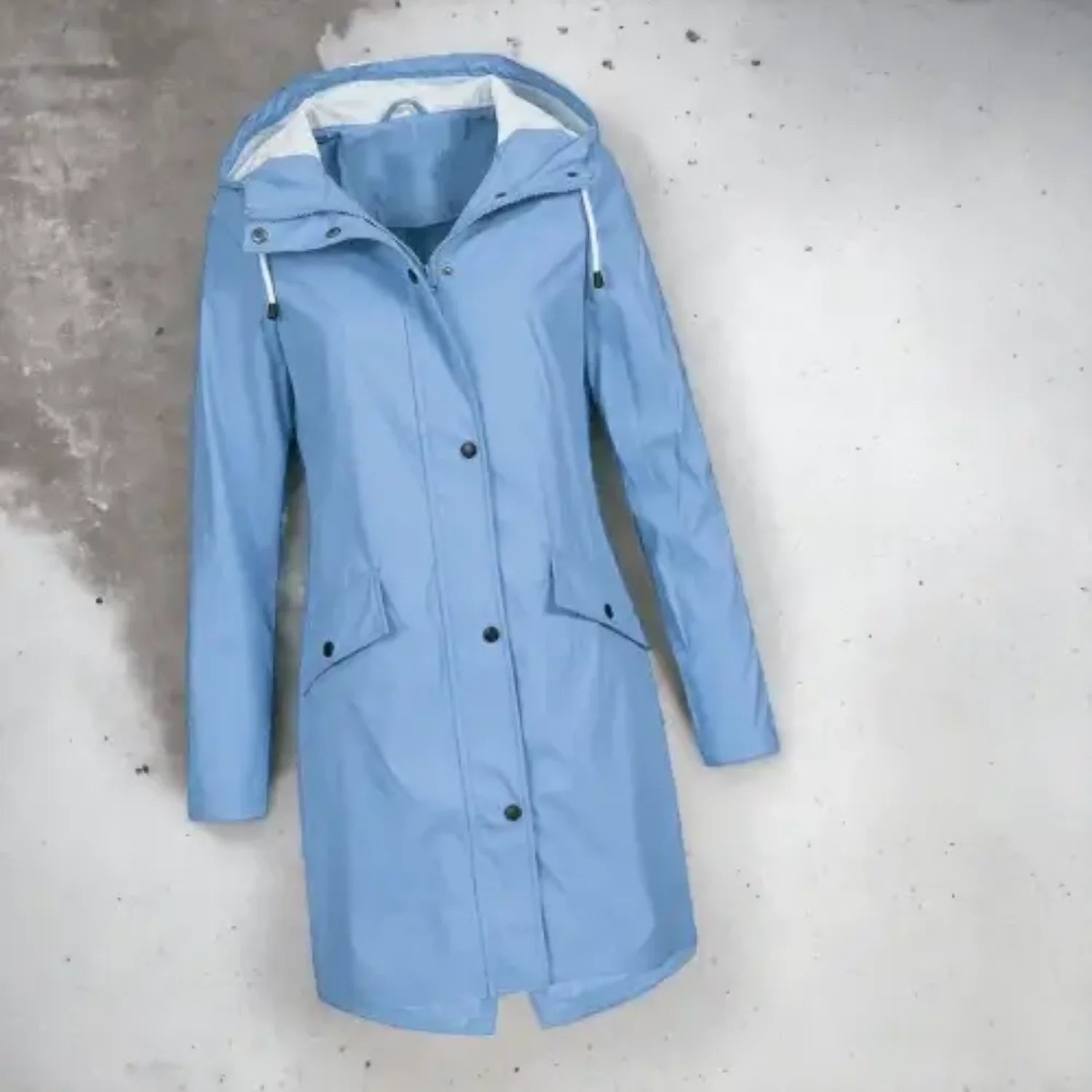 Blue Women's Hooded Rain Coat — Eloise Waterproof Snap-Button Longline - Flat Lay