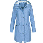 Blue Women's Hooded Rain Coat — Eloise Waterproof Snap-Button Longline - Studio Front