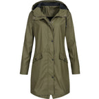 Green Women's Hooded Rain Coat — Eloise Waterproof Snap-Button Longline - Front Detail