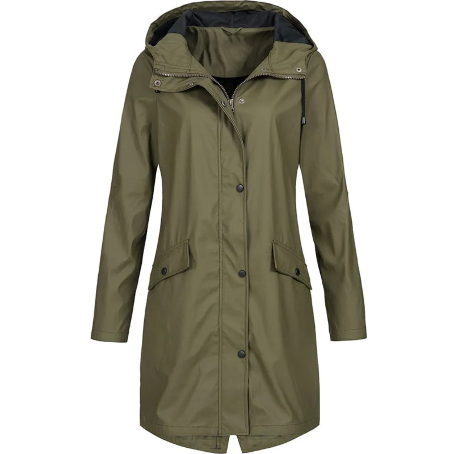 Green Women's Hooded Rain Coat — Eloise Waterproof Snap-Button Longline - Front Detail