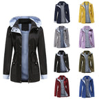 Black Women's Rain Jacket With Hood — Annabelle Everyday Drawstring-Waist Zip-Up - Flat With Color Swatches