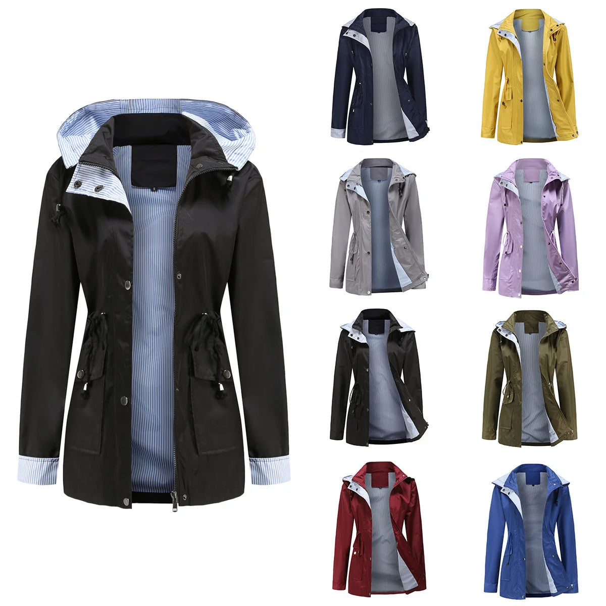 Black Women's Rain Jacket With Hood — Annabelle Everyday Drawstring-Waist Zip-Up - Flat With Color Swatches