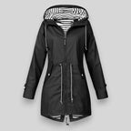 Black Women's Hooded Rain Jacket — Nala Zip-Up Drawstring Waterproof - Front Classic