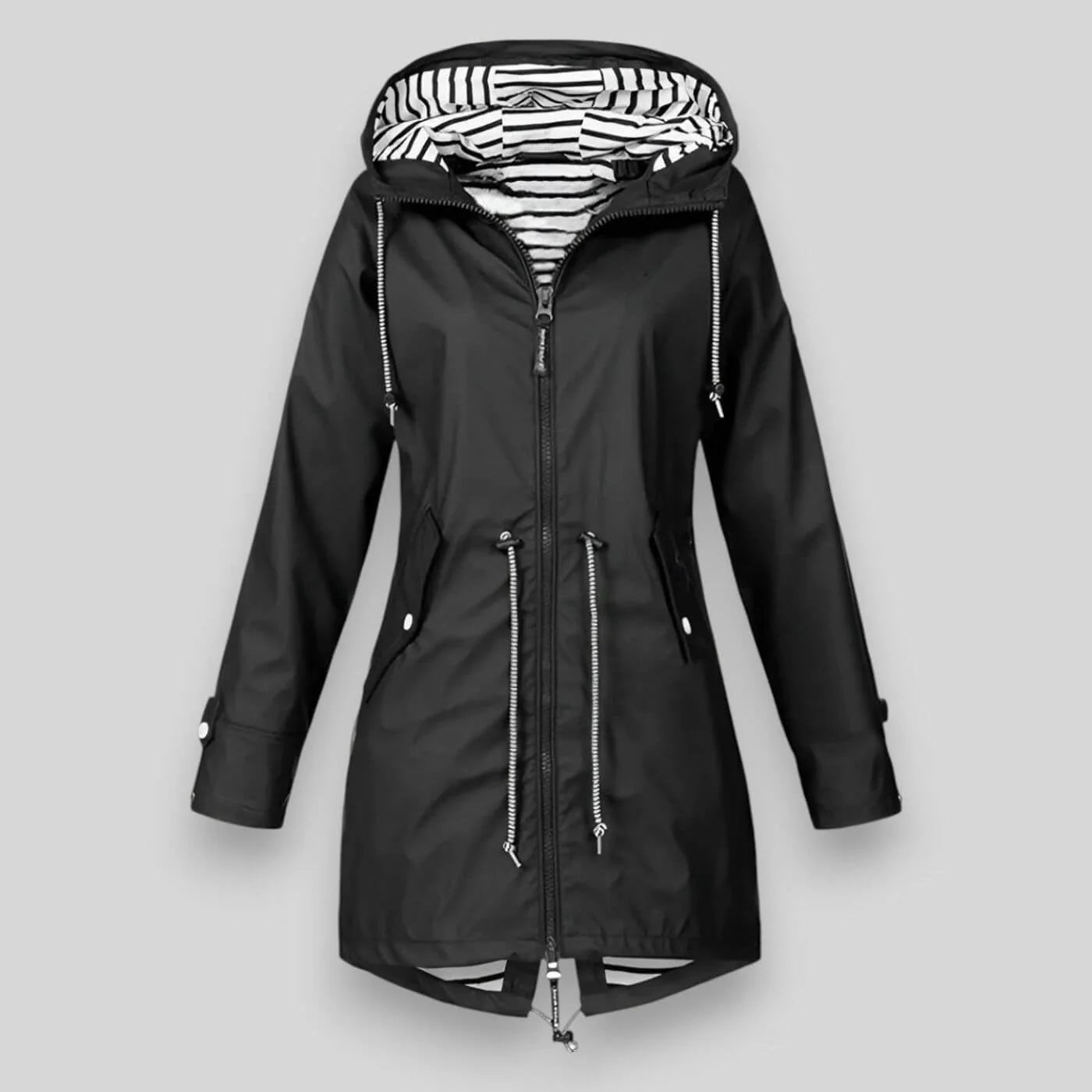 Black Women's Hooded Rain Jacket — Nala Zip-Up Drawstring Waterproof - Front Classic
