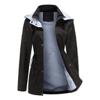 Black Women's Rain Jacket With Hood — Annabelle Everyday Drawstring-Waist Zip-Up - Front Open Lining