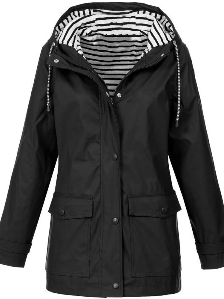 Black Women's Rain Jacket With Hood — Catherine Lightweight Waterproof Zip-Up - Front Zipped