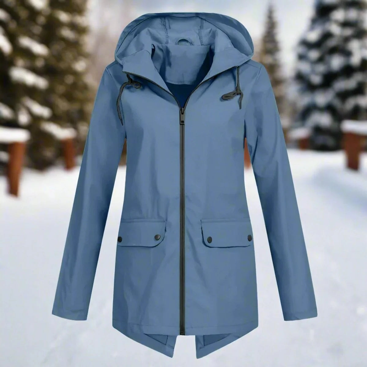 Blue Women's Rain Jacket With Hood — Lena Lightweight Waterproof Zip-Pocket - Flat Lay Front