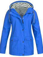Blue Women's Rain Jacket With Hood — Catherine Lightweight Waterproof Zip-Up - Front Collar