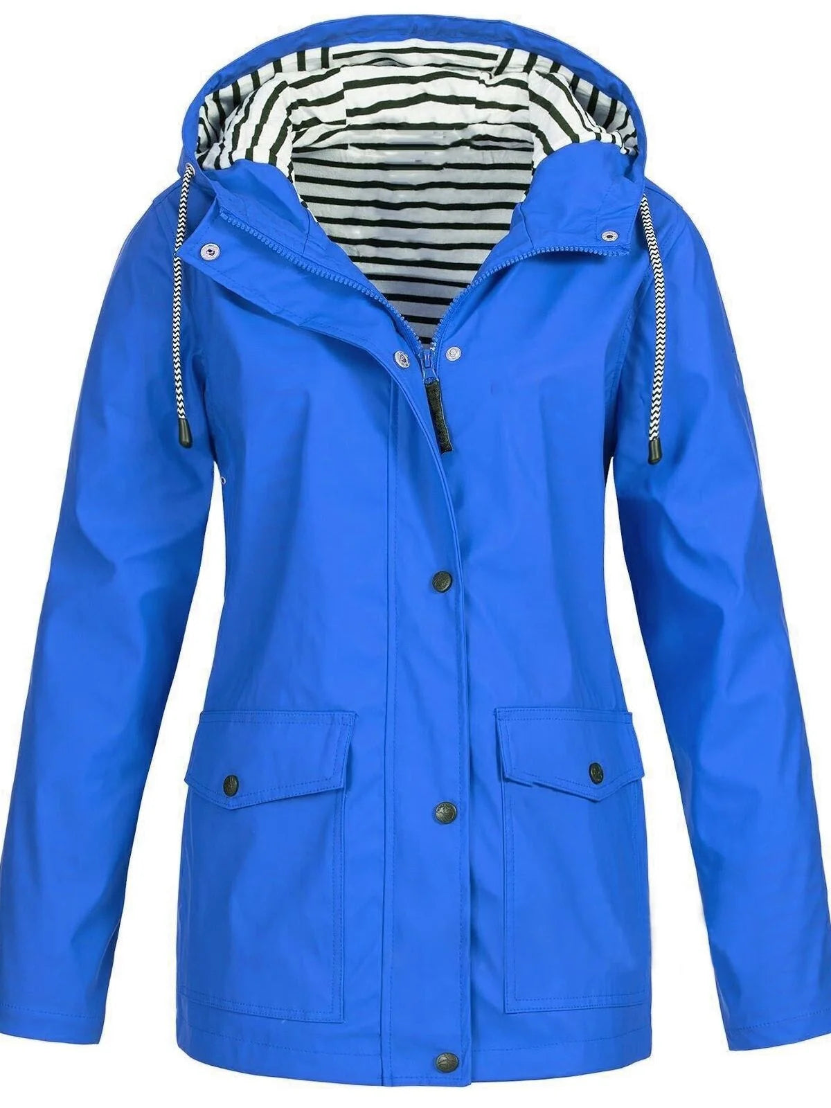 Blue Women's Rain Jacket With Hood — Catherine Lightweight Waterproof Zip-Up - Front Collar