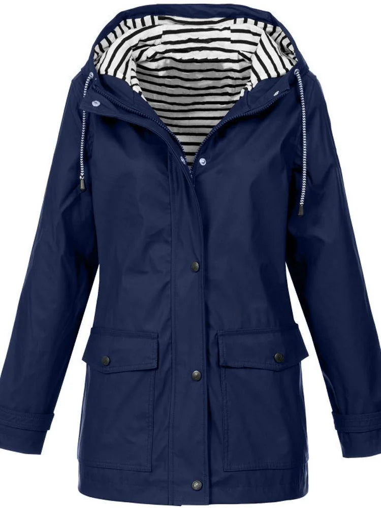 Blue Women's Rain Jacket With Hood — Catherine Lightweight Waterproof Zip-Up - Front Fitted