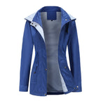 Blue Women's Rain Jacket With Hood — Annabelle Everyday Drawstring-Waist Zip-Up - Front Open Lining