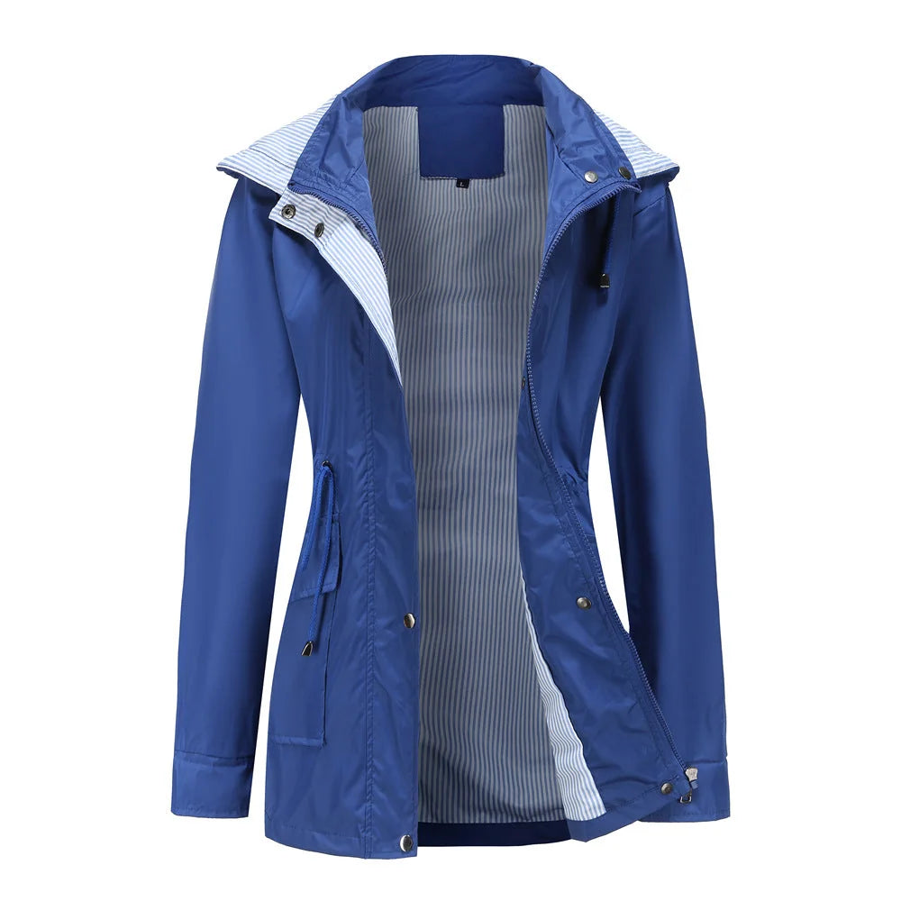Blue Women's Rain Jacket With Hood — Annabelle Everyday Drawstring-Waist Zip-Up - Front Open Lining