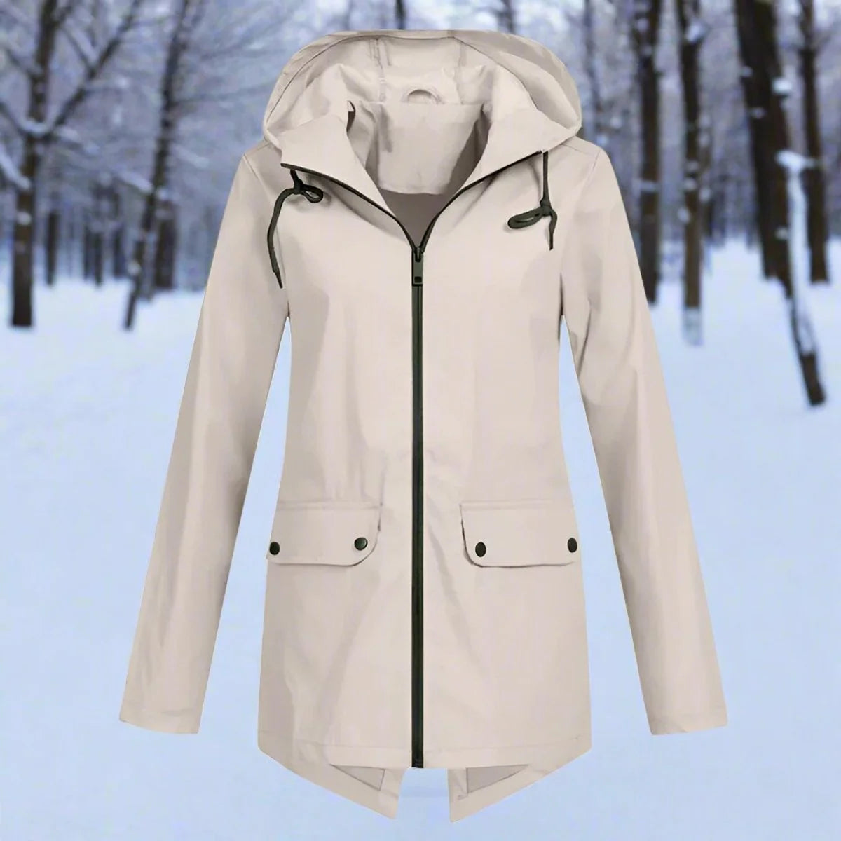 Brown Women's Rain Jacket With Hood — Lena Lightweight Waterproof Zip-Pocket - Flat Lay Front Beige
