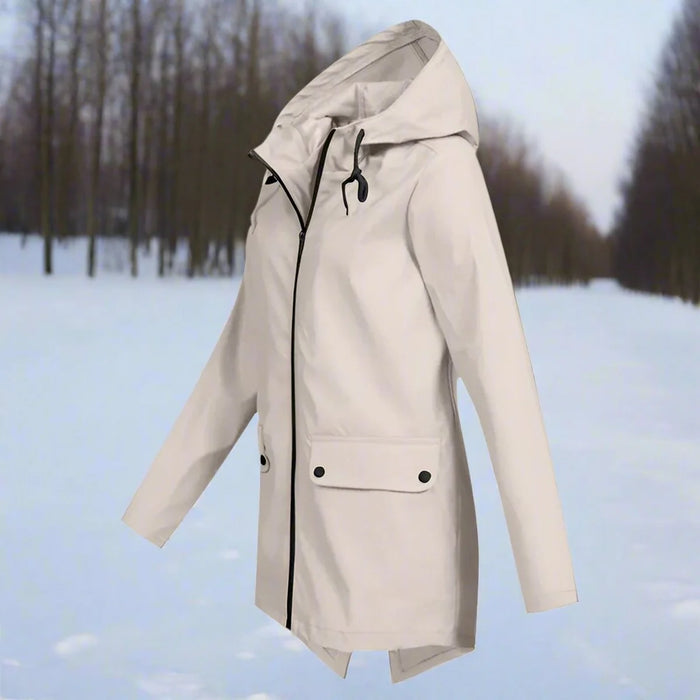 Brown Women's Rain Jacket With Hood — Lena Lightweight Waterproof Zip-Pocket - Front Side Hood Up