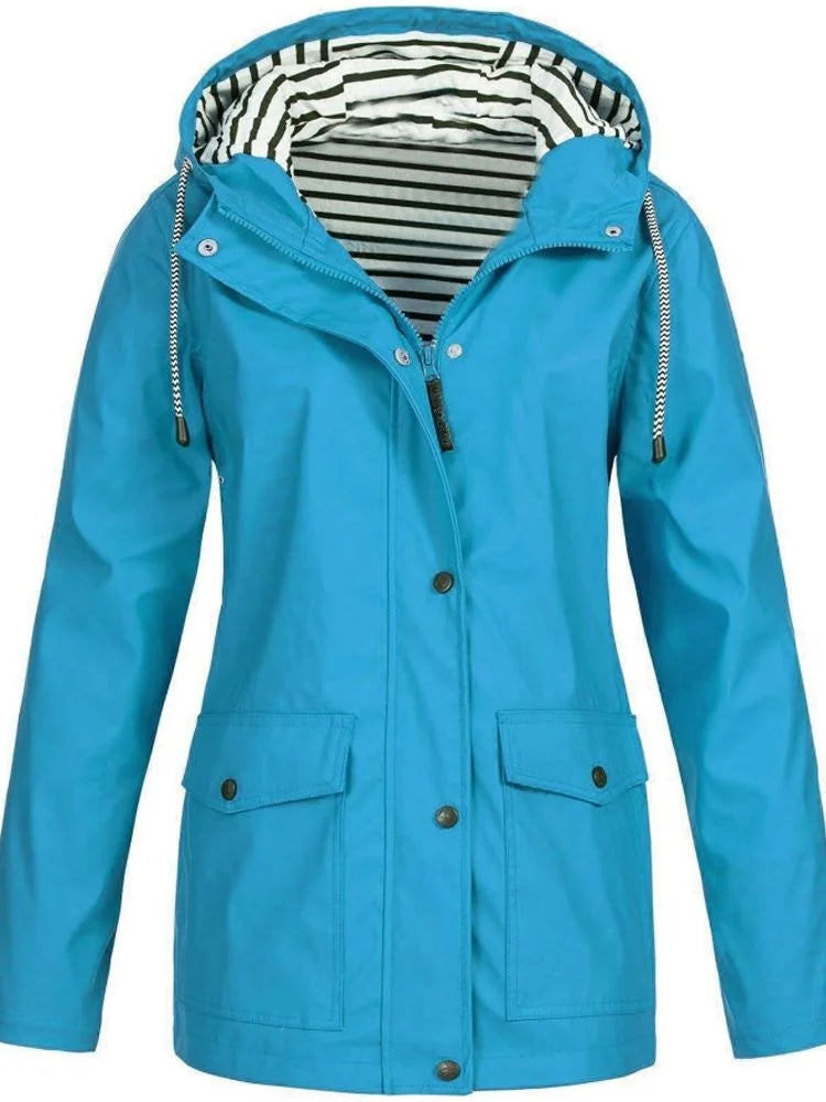 Cyan Women's Rain Jacket With Hood — Catherine Lightweight Waterproof Zip-Up - Front Drawstring