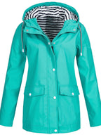 Cyan Women's Rain Jacket With Hood — Catherine Lightweight Waterproof Zip-Up - Front Hood Up
