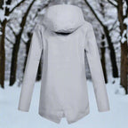 Gray Women's Rain Jacket With Hood — Lena Lightweight Waterproof Zip-Pocket - Back View Woods