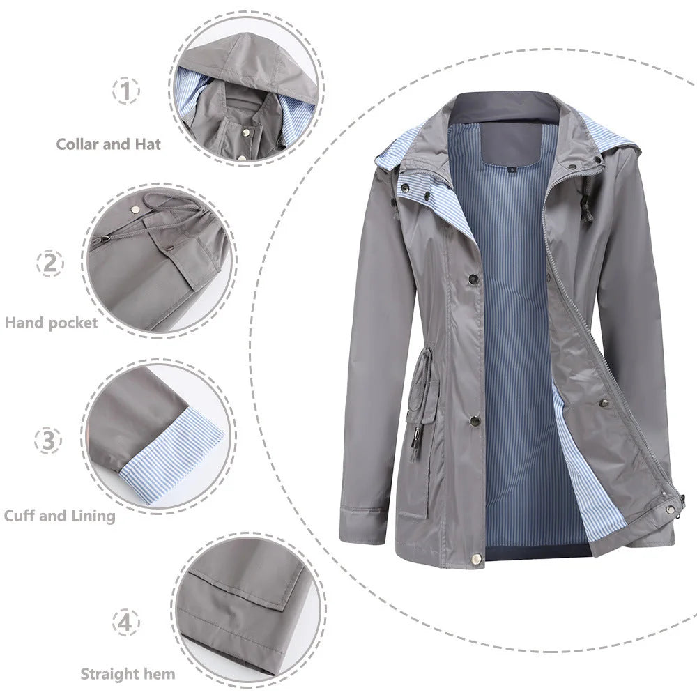 Gray Women's Rain Jacket With Hood — Annabelle Everyday Drawstring-Waist Zip-Up - Detail Callout Grid