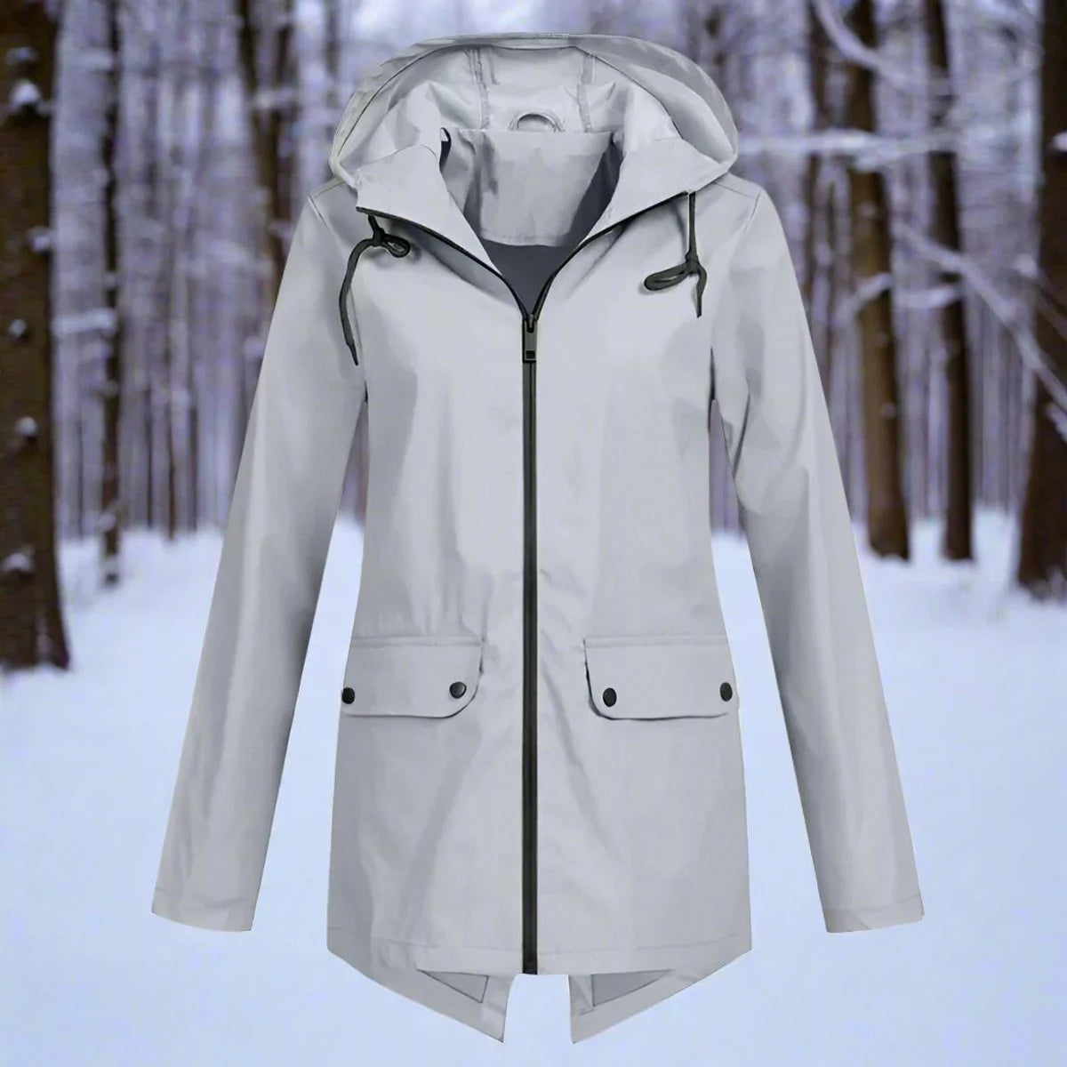 Gray Women's Rain Jacket With Hood — Lena Lightweight Waterproof Zip-Pocket - Flat Lay Front