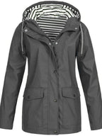 Gray Women's Rain Jacket With Hood — Catherine Lightweight Waterproof Zip-Up - Front Buttoned