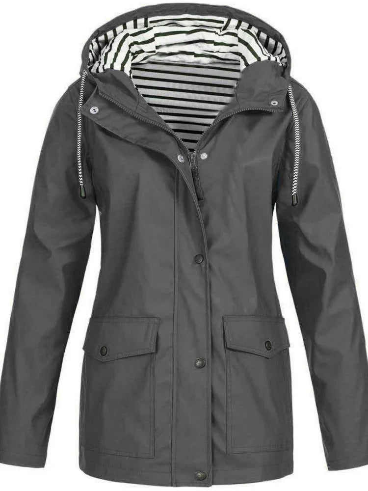Gray Women's Rain Jacket With Hood — Catherine Lightweight Waterproof Zip-Up - Front Buttoned