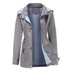 Gray Women's Rain Jacket With Hood — Annabelle Everyday Drawstring-Waist Zip-Up - Front Open Lining