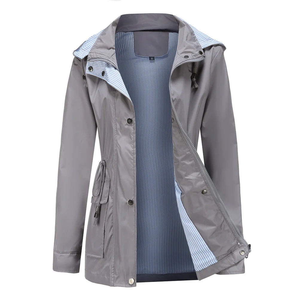 Gray Women's Rain Jacket With Hood — Annabelle Everyday Drawstring-Waist Zip-Up - Front Open Lining