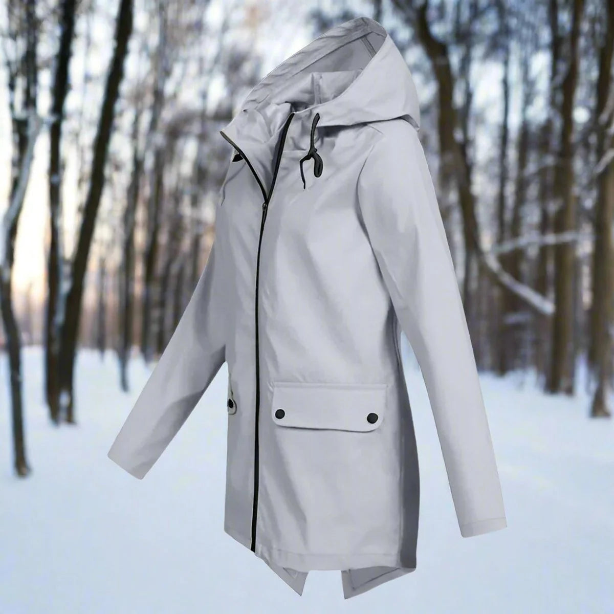Gray Women's Rain Jacket With Hood — Lena Lightweight Waterproof Zip-Pocket - Side Pose Woods