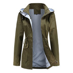Green Women's Rain Jacket With Hood — Annabelle Everyday Drawstring-Waist Zip-Up - Front Open Lining