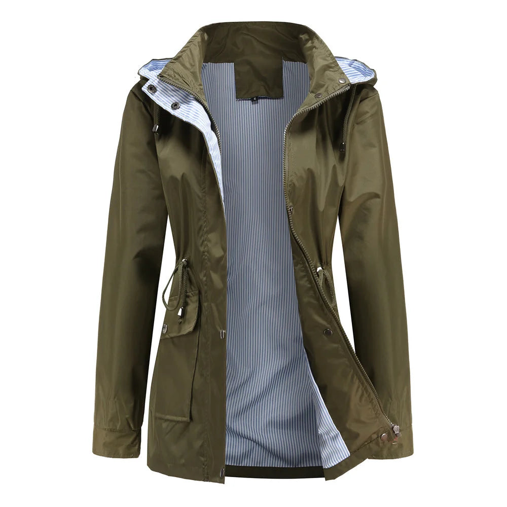 Green Women's Rain Jacket With Hood — Annabelle Everyday Drawstring-Waist Zip-Up - Front Open Lining
