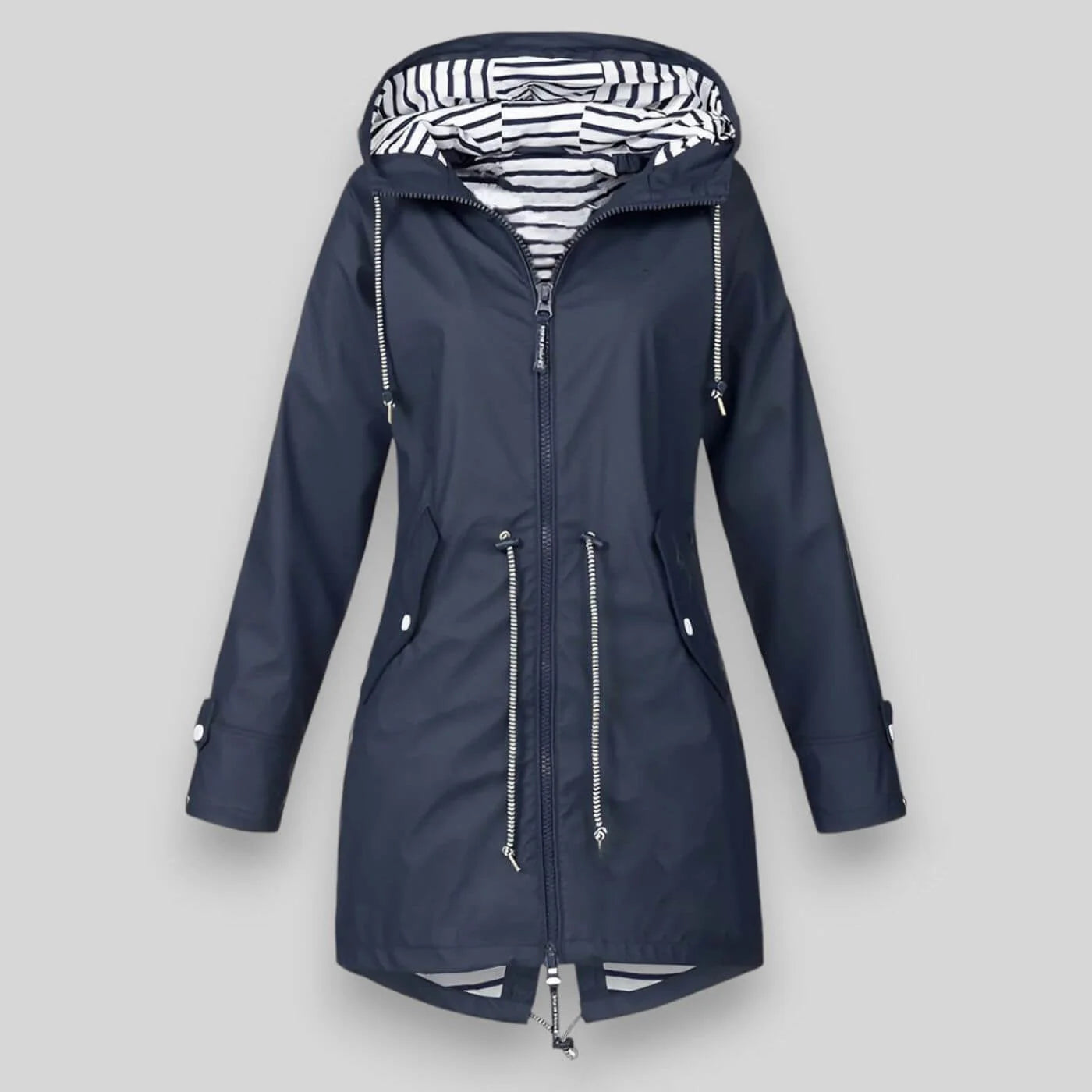 Navy Women's Hooded Rain Jacket — Nala Zip-Up Drawstring Waterproof - Front Full