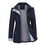 Navy Women's Rain Jacket With Hood — Annabelle Everyday Drawstring-Waist Zip-Up - Front Open Lining