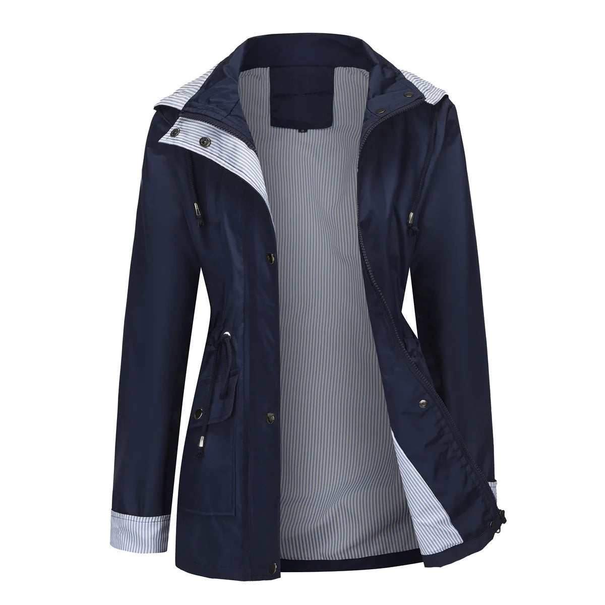 Navy Women's Rain Jacket With Hood — Annabelle Everyday Drawstring-Waist Zip-Up - Front Open Lining
