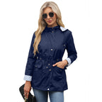 Navy Women's Rain Jacket With Hood — Annabelle Everyday Drawstring-Waist Zip-Up - Model Sunglasses Pose