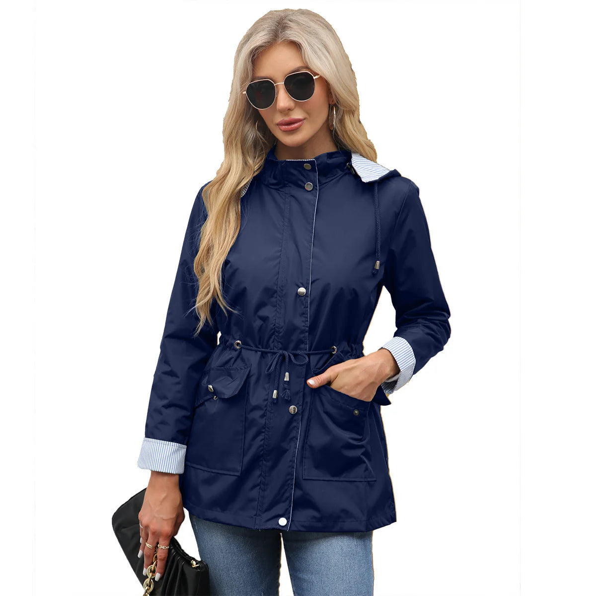 Navy Women's Rain Jacket With Hood — Annabelle Everyday Drawstring-Waist Zip-Up - Model Sunglasses Pose