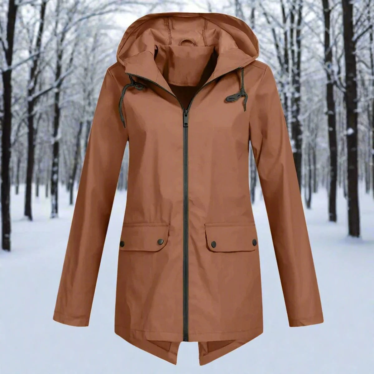 Orange Women's Rain Jacket With Hood — Lena Lightweight Waterproof Zip-Pocket - Flat Lay Front Brown